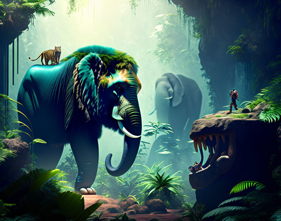 Colorful digital artwork: Mystical jungle with blue elephant, tiger, and figure.