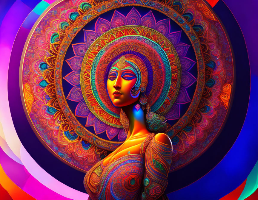 Colorful digital art featuring woman with decorative patterns on mandala background.