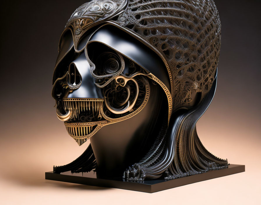 Detailed Metallic Skull with Engravings and Mechanical Elements on Black Pedestal