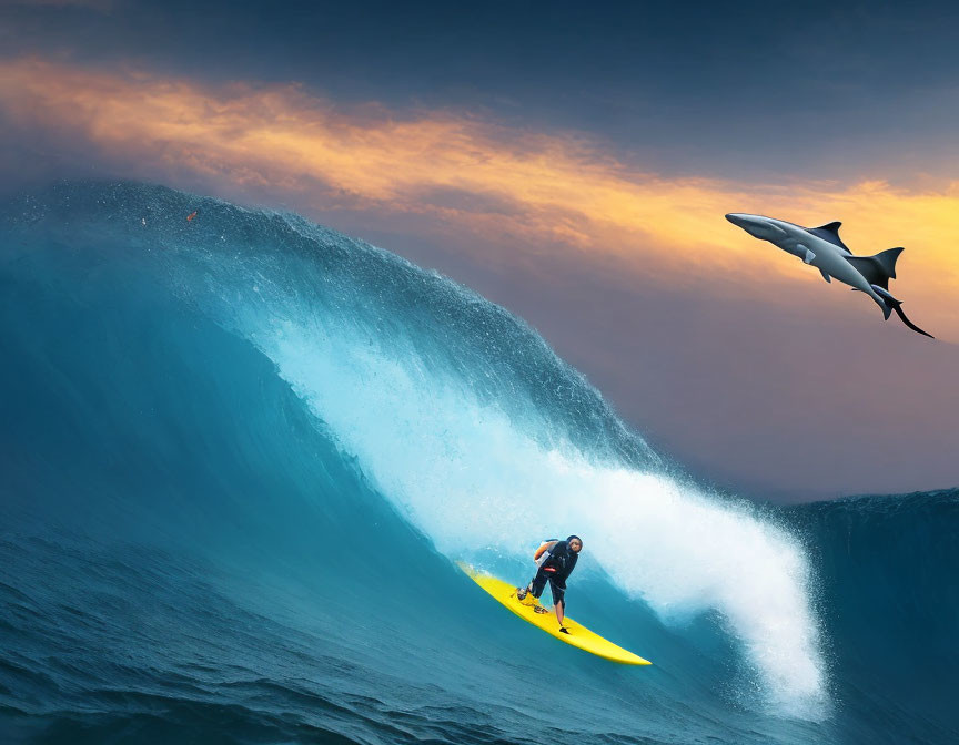 Surfer riding blue wave with shark jumping at sunset