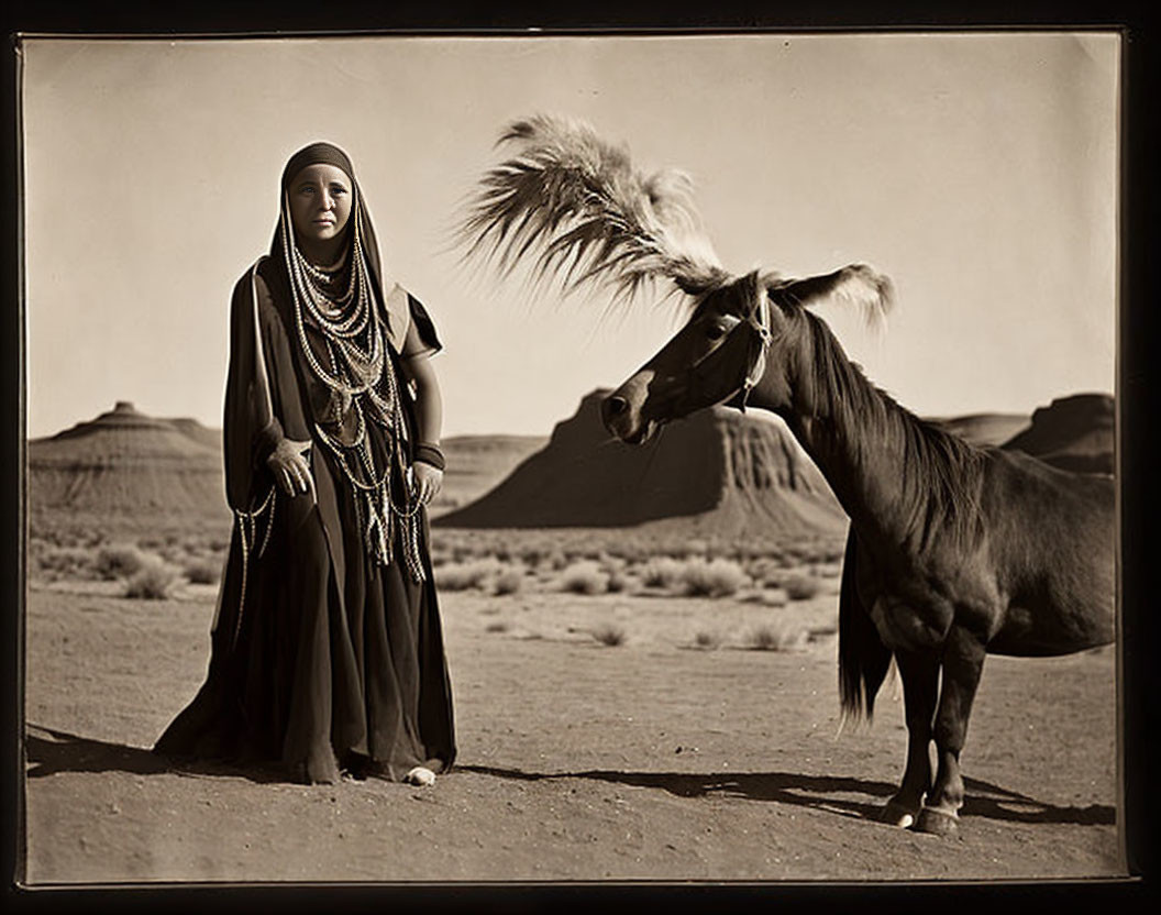 Traditional Clothing Woman with Horse in Desert Landscape