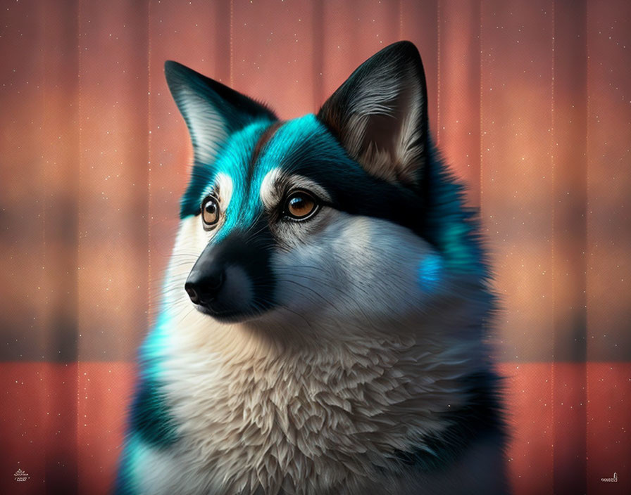 Blue-eyed dog portrait with black and white coat on glowing background