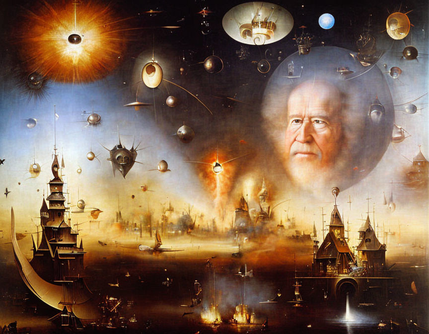 Surreal painting with celestial bodies, spacecraft, and male face.