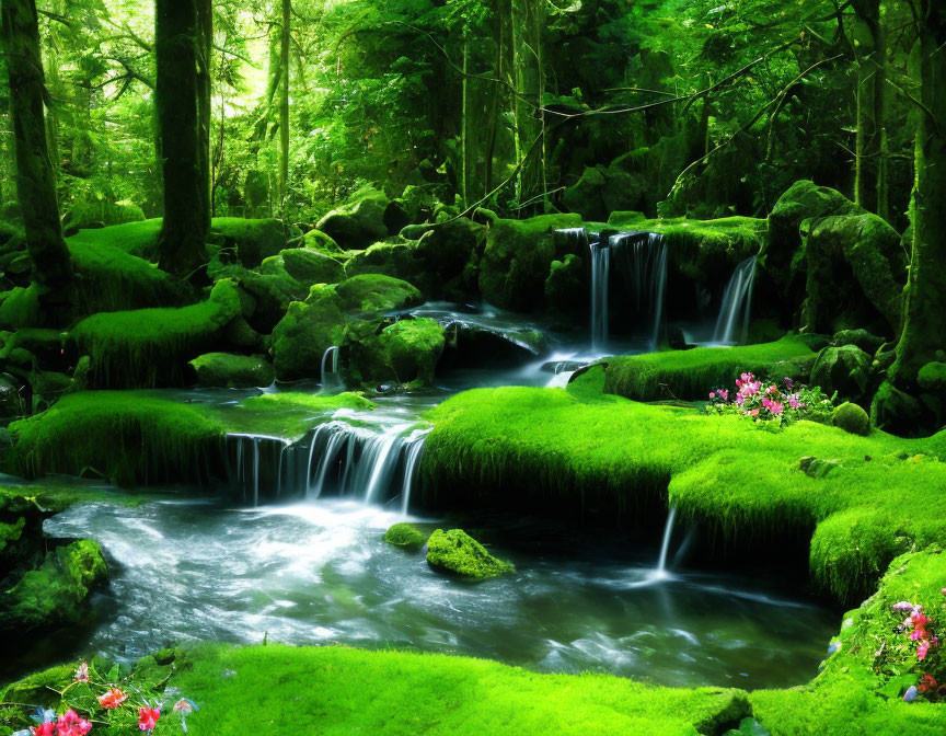 Tranquil forest landscape with mossy waterfalls and pink flowers