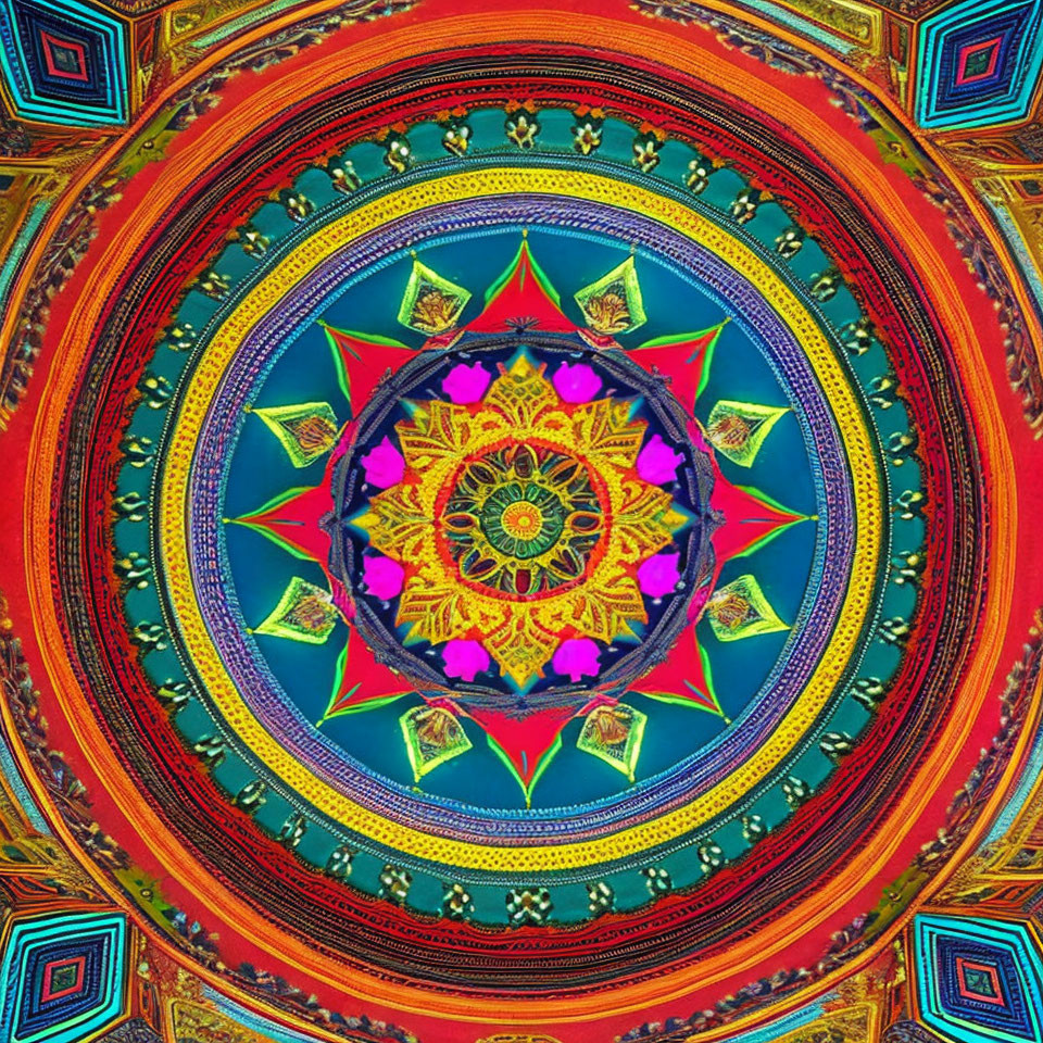 Colorful Symmetrical Kaleidoscopic Pattern with Intricate Designs in Blue, Red, Yellow,