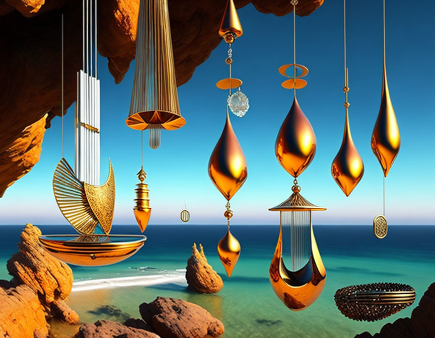 Surreal golden objects float above serene beach with vibrant ocean and rocky coastline