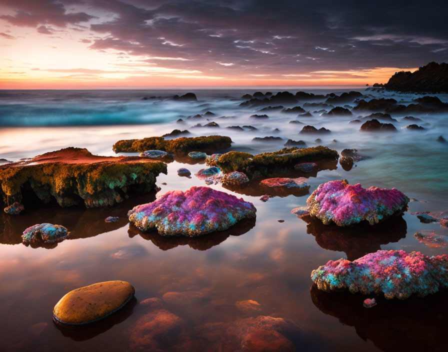 Tranquil sea at sunset with moss-covered rocks and dramatic sky