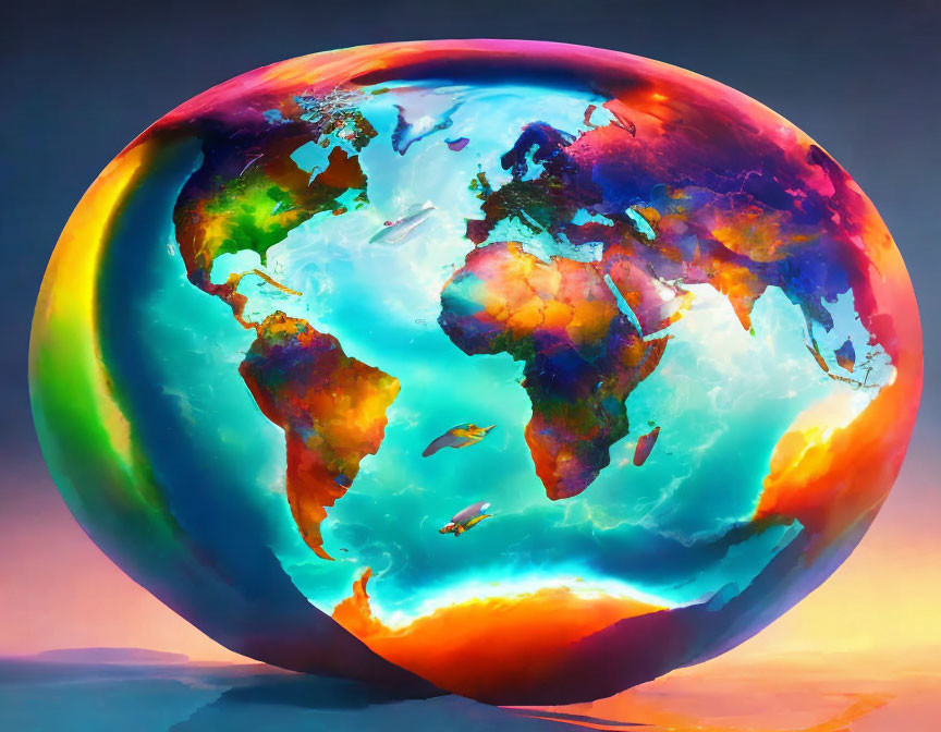 Colorful Earth depiction with exaggerated continents on dreamy sky background