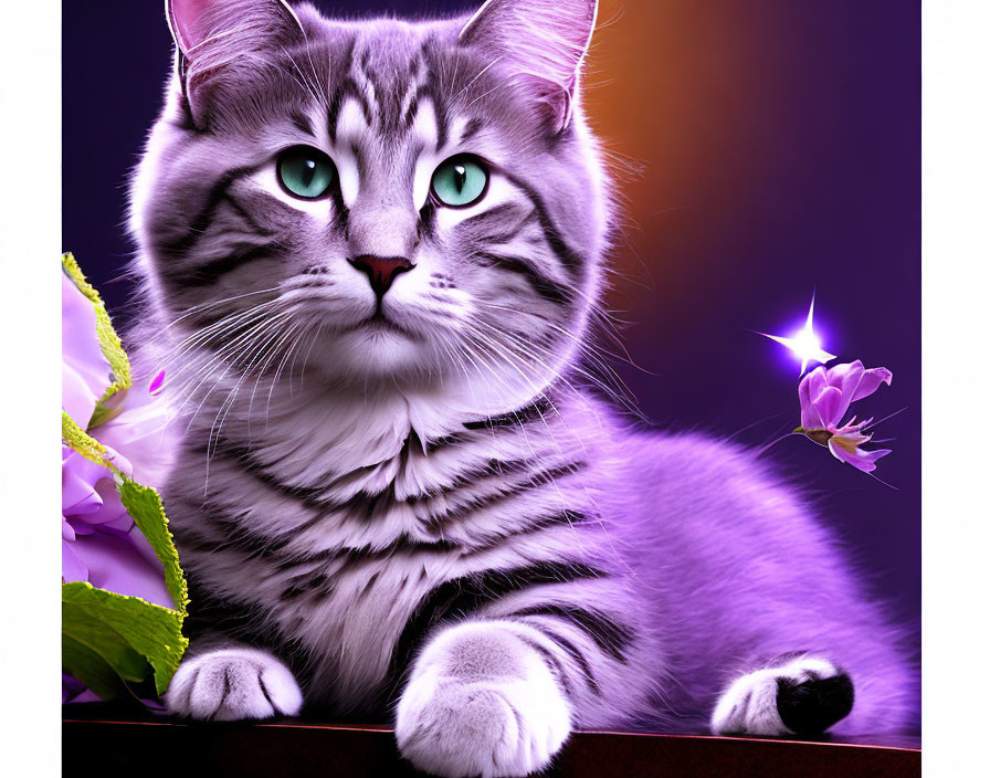 Tabby Cat with Green Eyes and Purple Flower on Gradient Background