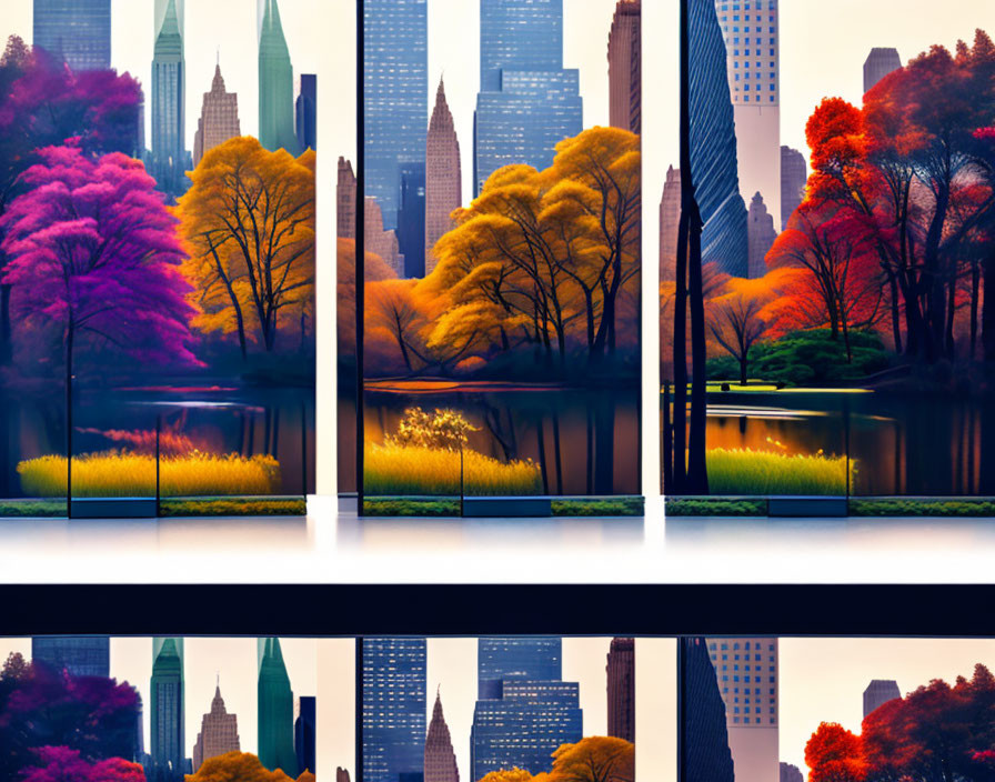 Colorful Urban Park Triptych with Skyscrapers and Reflective Waters