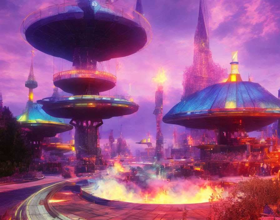 Purple Skies Over Futuristic Cityscape with Flying Vehicles and Fiery Explosion