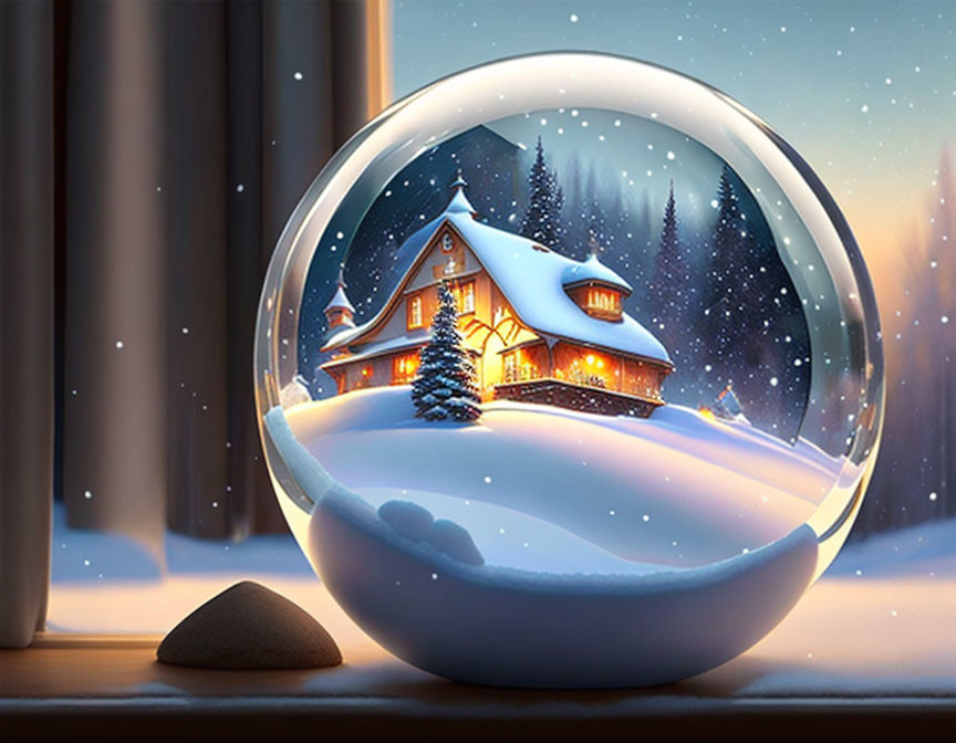 Snow globe with cozy cottage, snowy trees, falling snowflakes & winter window scene