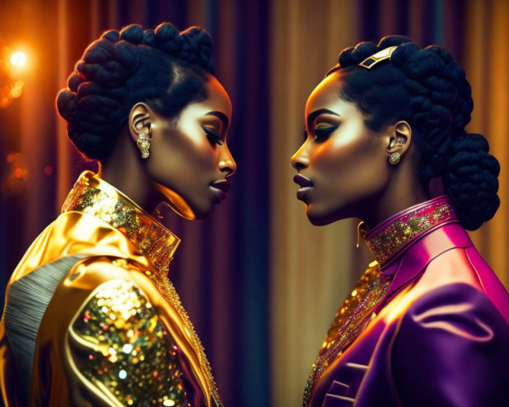 Two women with intricate hairstyles in vibrant, gold-embellished jackets against a colorful backdrop