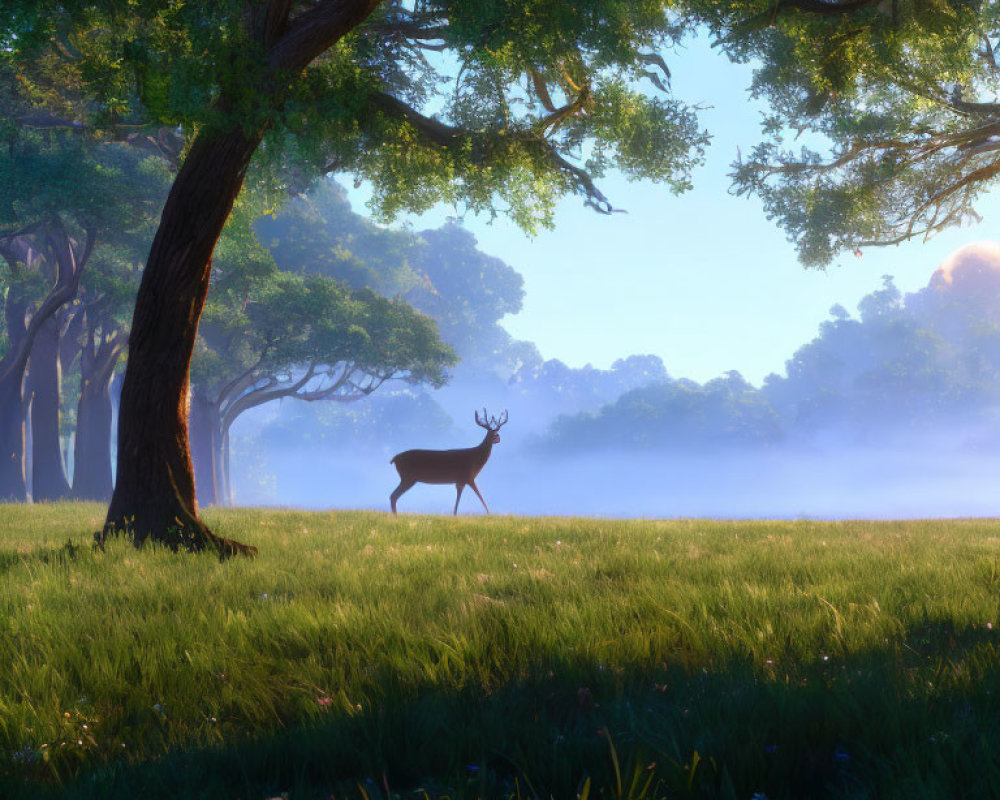 Tranquil forest landscape with deer in morning mist