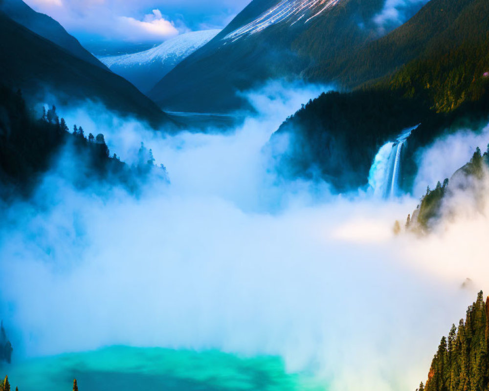 Mystical landscape with misty mountains, lush forest, waterfall, and turquoise lake