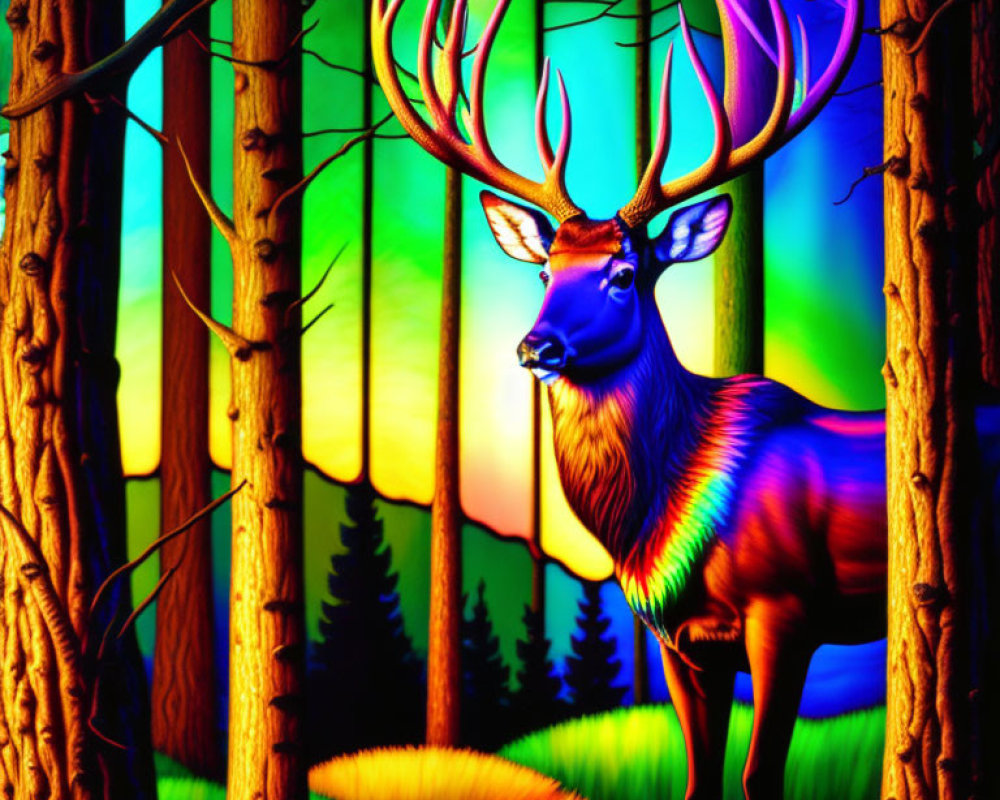 Colorful Illustration: Majestic Deer with Large Antlers in Stylized Forest at Sunrise