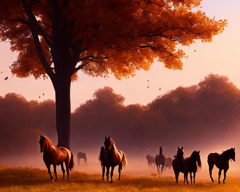 Autumn Setting with Grazing Horses and Golden Leaves