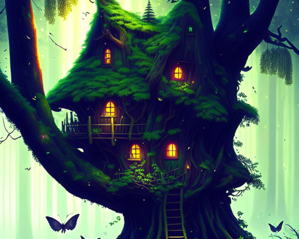 Enchanting treehouse in mystical forest with glowing windows