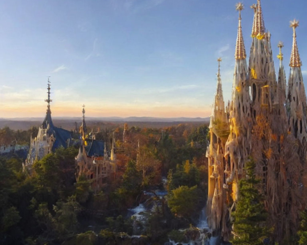 Majestic castle with spires in autumn setting at sunset