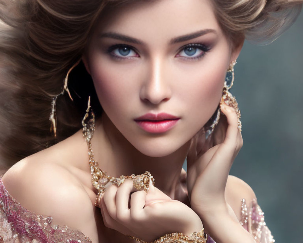 Blonde woman in pink dress with gold jewelry and blue eyes pose.