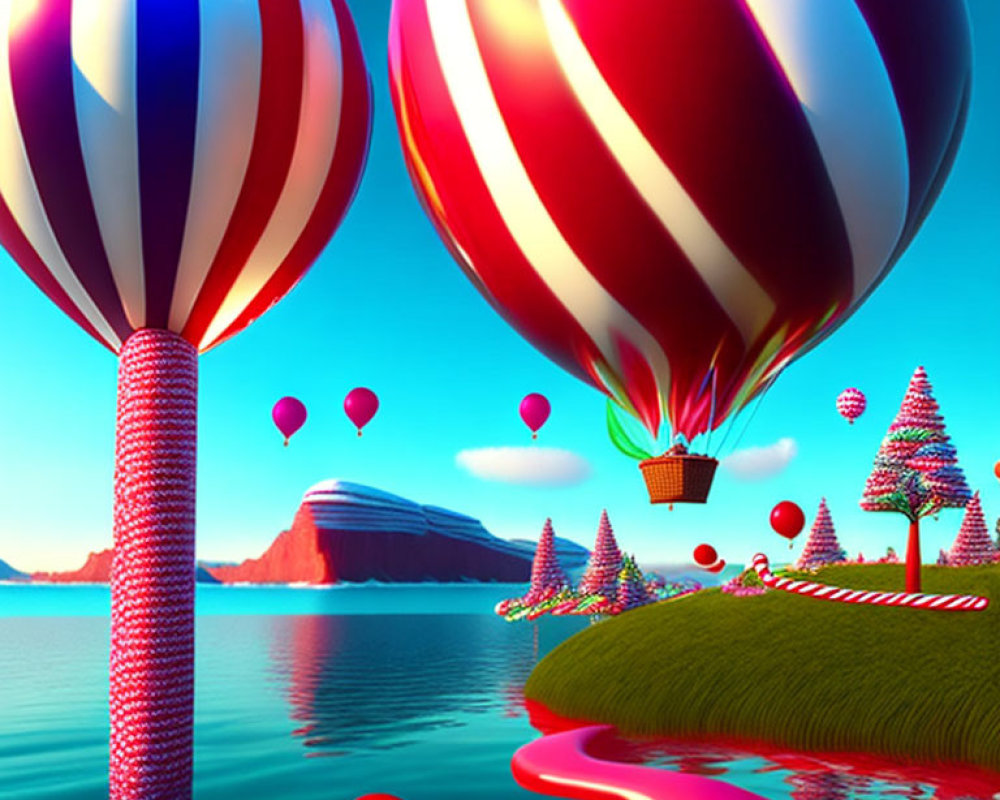 Fantasy landscape with hot air balloons, whimsical trees, pink path, and blue lake.