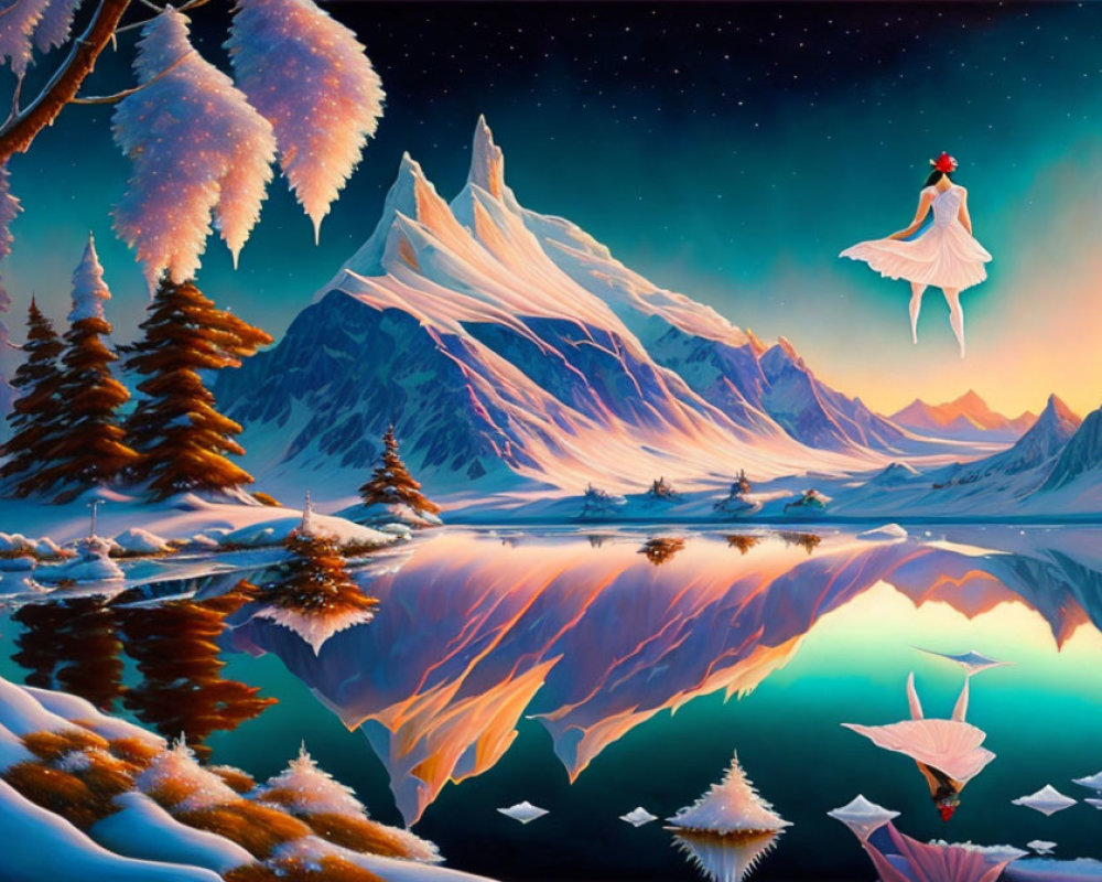 Surreal landscape with snow-capped mountain, pine trees, reflective lake, paper boats, and