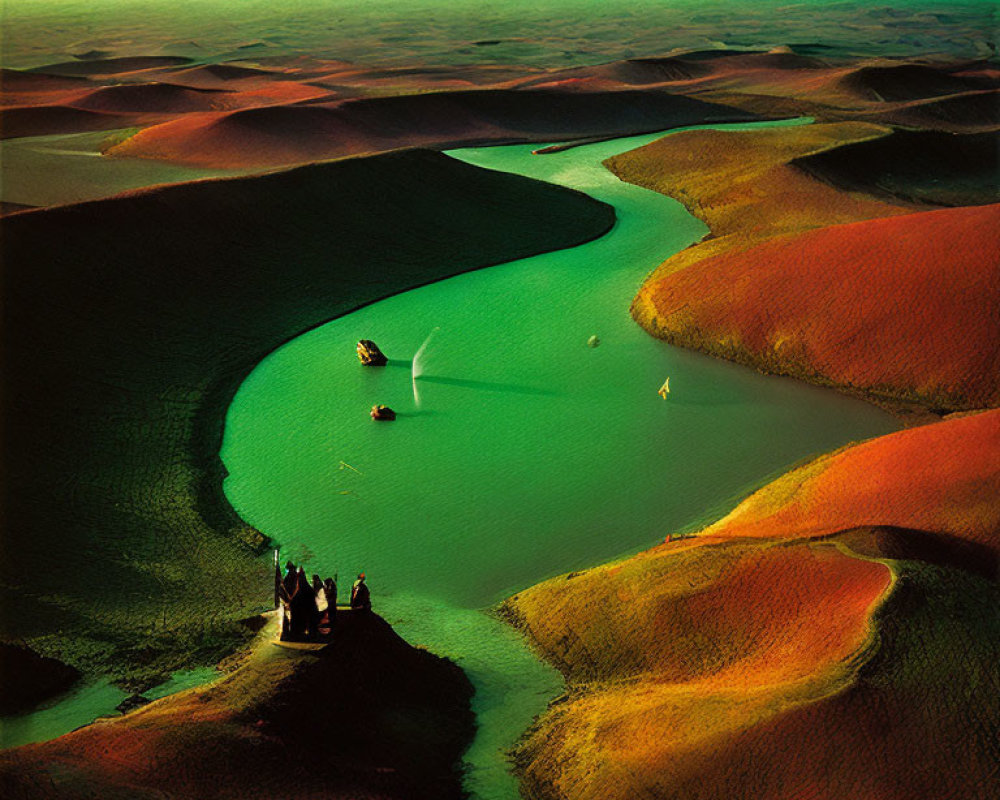 Aerial View of Green River Among Red-Orange Dunes