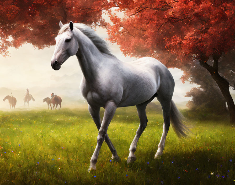 White Horse in Sunlit Meadow Surrounded by Blossoming Trees