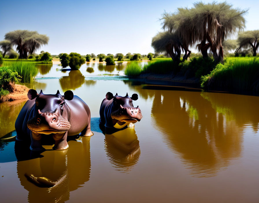 Cartoon hippos in serene river landscape