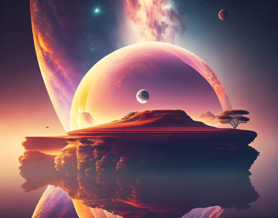 Surreal landscape with lone tree, rocky plateau, serene lake, colorful planets.