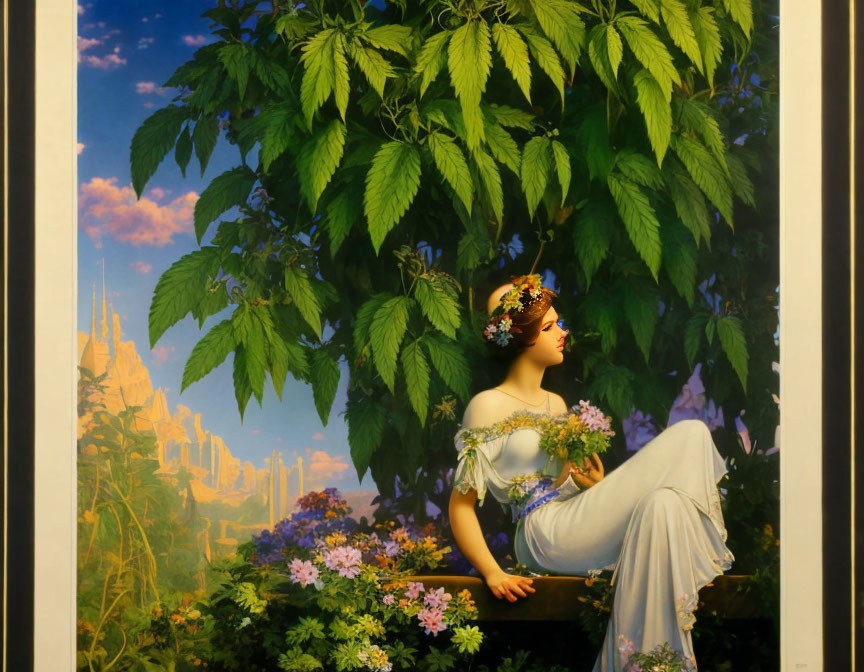 Woman in white dress under foliage canopy with castle in background