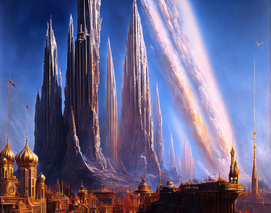 Fantastical cityscape with towering spires and dramatic sky