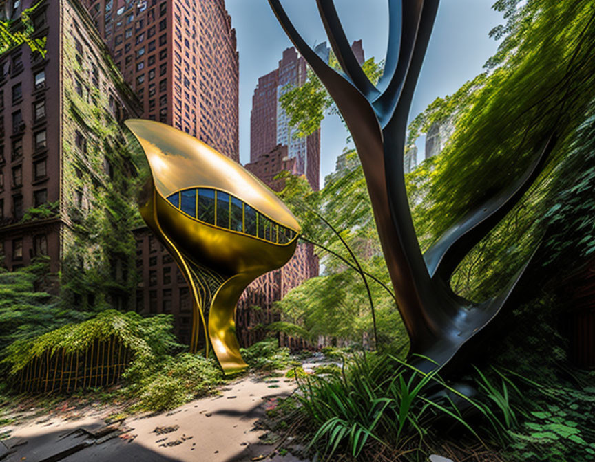 Gold-Colored Sculptural Building in Urban Setting with Skyscrapers