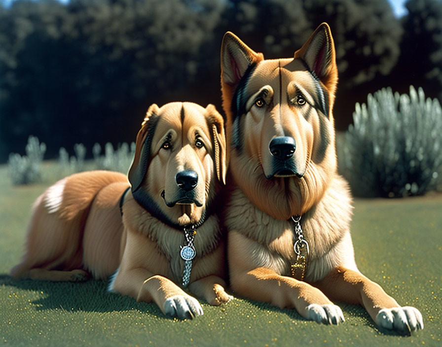 Two dogs, small and large German Shepherds, lying on grass with one wearing a collar.