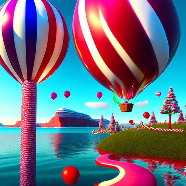 Fantasy landscape with hot air balloons, whimsical trees, pink path, and blue lake.