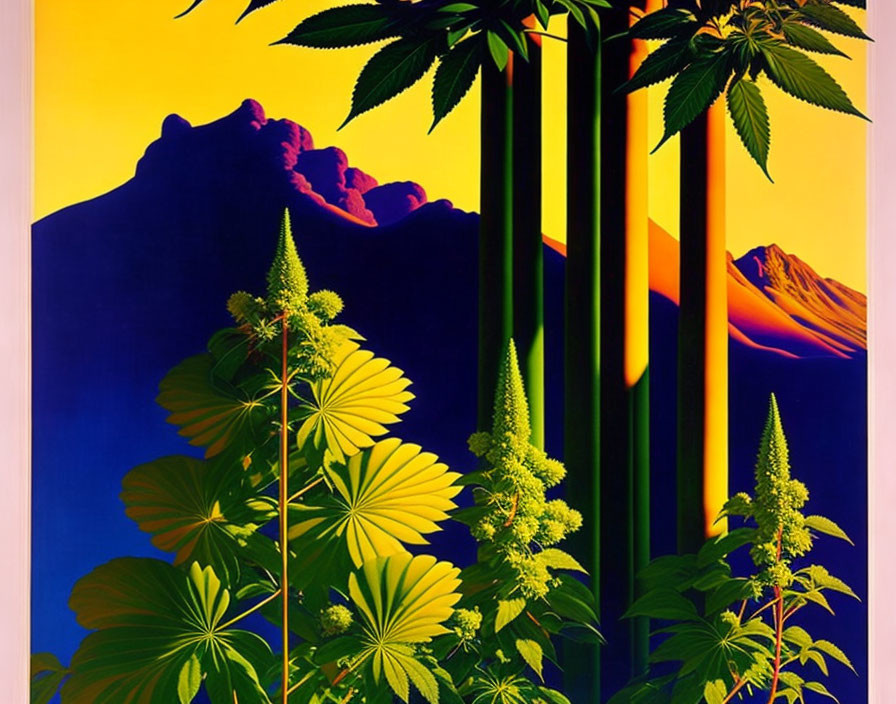 Colorful Plant and Mountain Landscape Artwork with Palm Trees