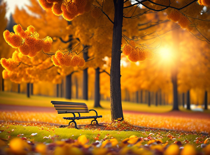 Tranquil autumn park with golden leaves, bench, vibrant trees, and glowing sunset