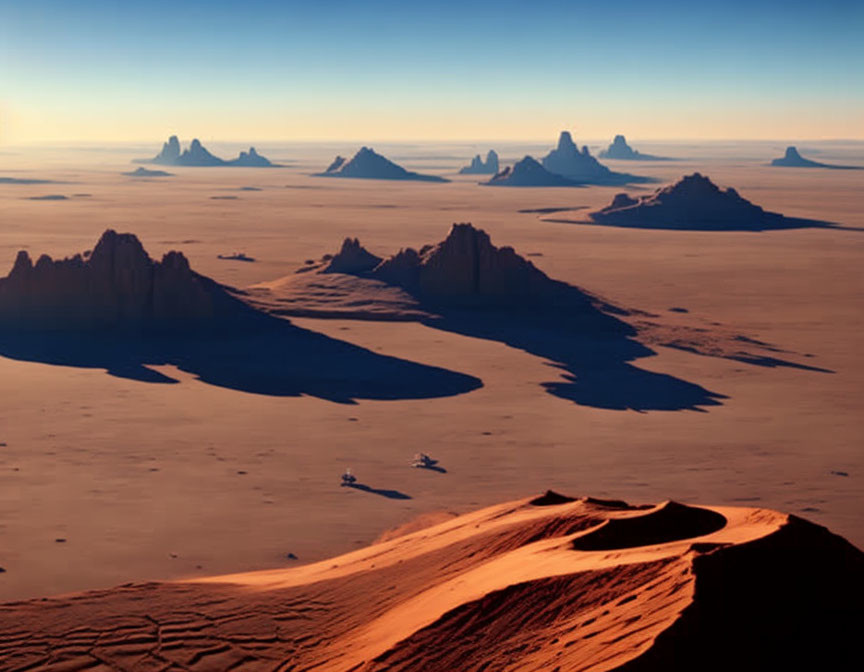 Desert landscape with towering rock formations and sinuous dunes