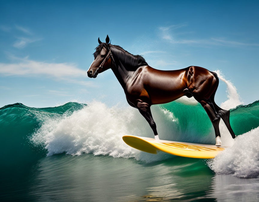 Brown horse surfing on yellow board in ocean waves under blue sky