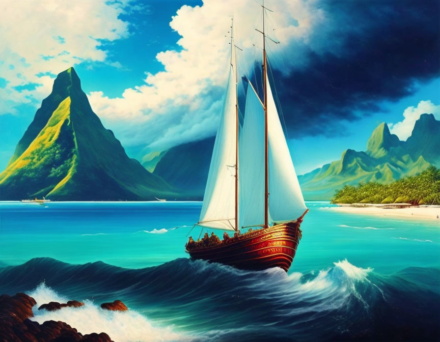 Sailboat with white sails near tropical beach and lush mountains