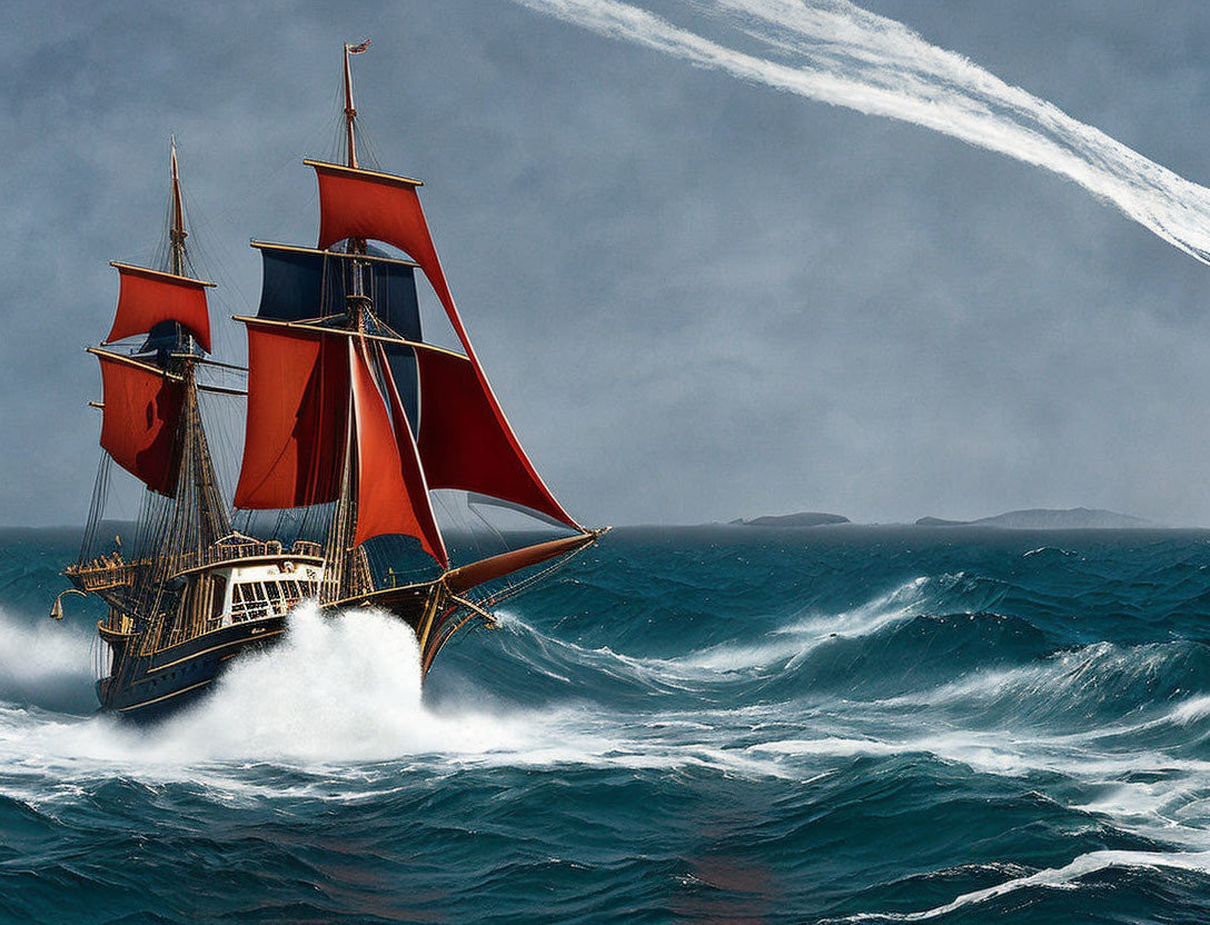 Sailing ship with red sails in stormy seas under comet-filled sky