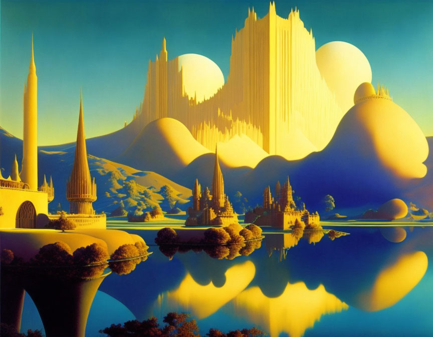 Surreal landscape with exaggerated formations and calm waters