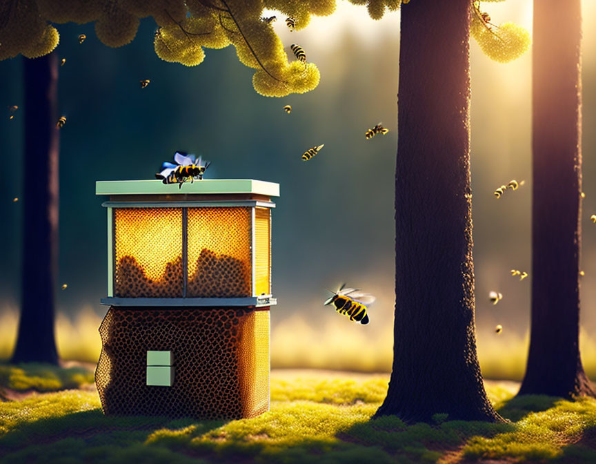 Sunlit Forest Scene with Beehive and Buzzing Bees