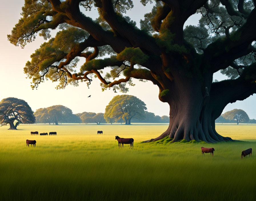 Majestic tree, grazing cattle, birds in serene landscape