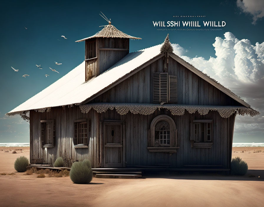 Wooden church with white roof in desert landscape with birds and sparse vegetation