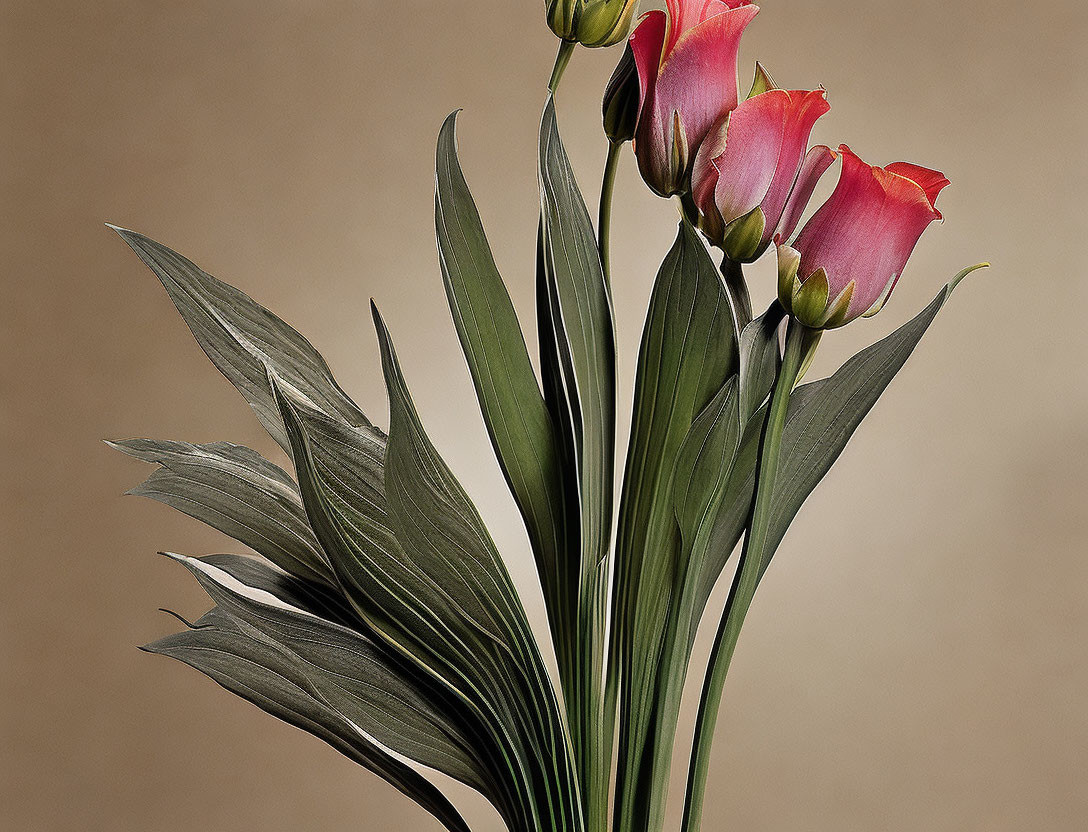 Pink Lily Bouquet with Green Leaves on Beige Background