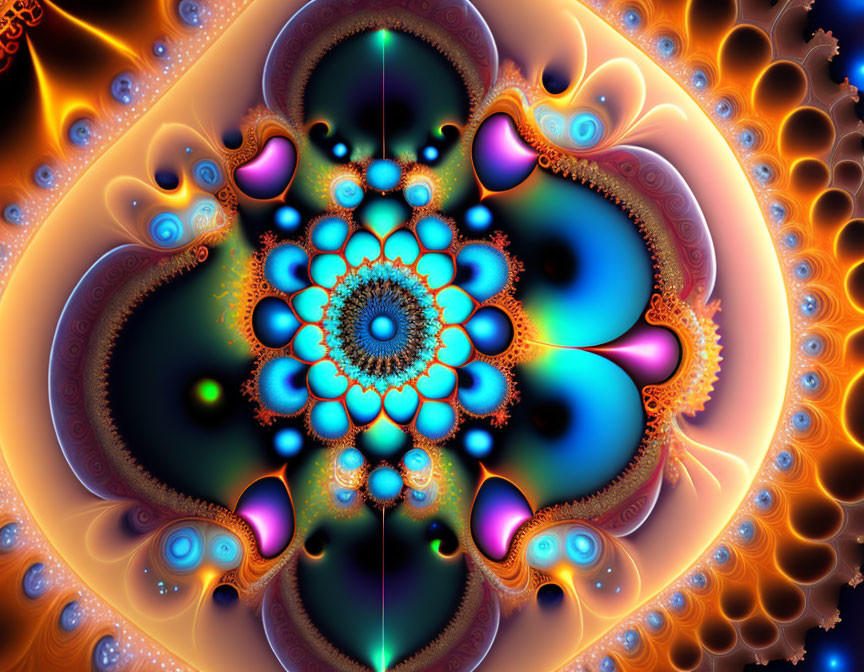 Colorful Symmetrical Fractal Image in Blue, Orange & Purple