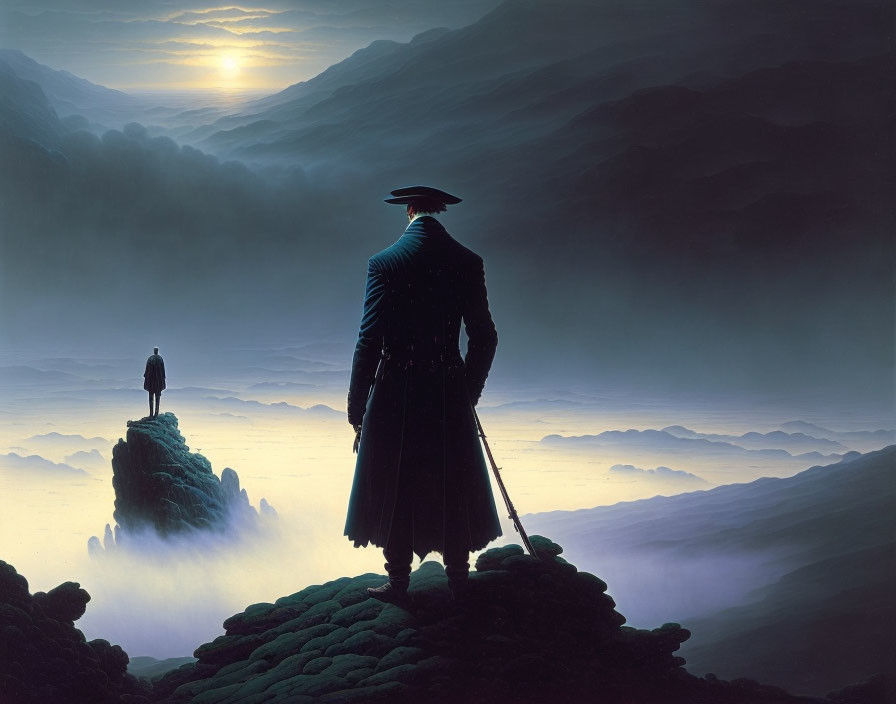 Silhouetted figure in hat and cloak on mountain peak overlooking misty landscape.