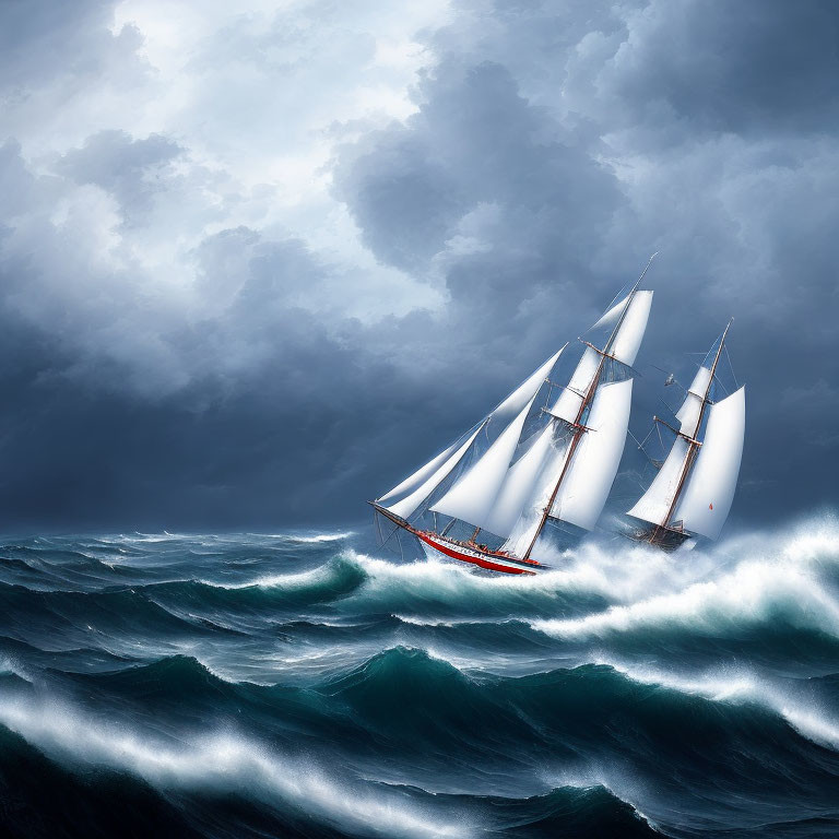 Sailing ship in stormy seas with towering waves and dark clouds