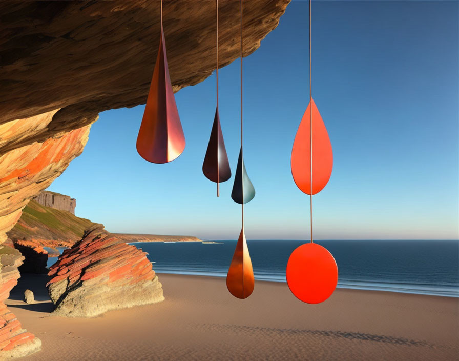 Colorful Teardrop Sculptures on Serene Beach with Sand, Cliffs, and Blue Sky